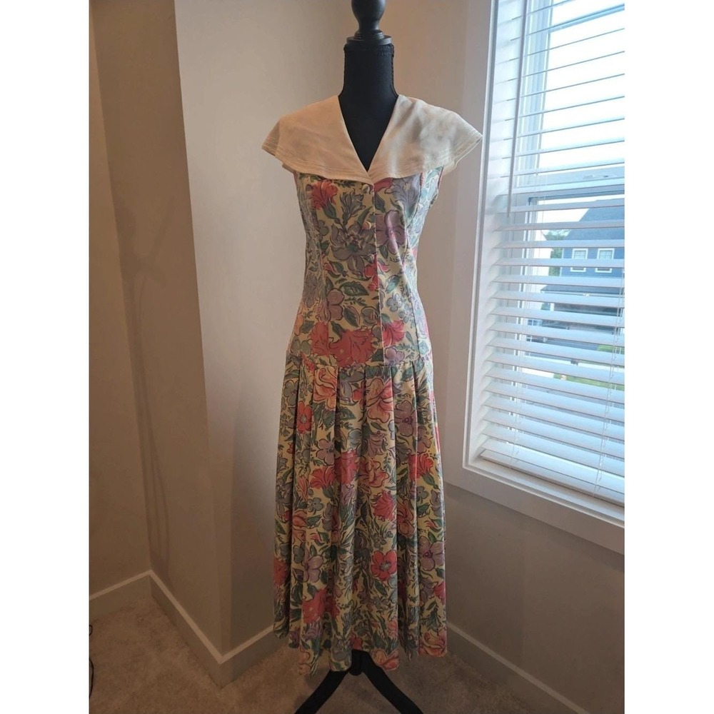 Vintage Floral Sailor Collar Dress Women 8 Yellow Cotton Drop Waist Midi